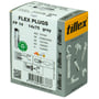 Tillex Flex FP 14 plugs i grå, 14x75mm, pakke med 20 stk, lavet af 100% genanvendt nylon, vist på en grå papkasse.