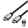 Deltaco Ultra High Speed HDMI-kabels to stik ses skråt forfra sammen med mærket for certificeret kabel.