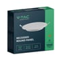 Emballage til V-TAC 12W LED indbygningspanel med specifikationer som 1200 lumen og 3000K varm hvid.