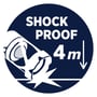 Illustrativ cirkel med hvid grafik der viser en lommelygte falde fra 4 meter med teksten SHOCK PROOF 4m.