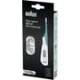 Braun PRT1000 High Speed digitalt termometer i hvid og turkis præsenteret i sin emballage med informative ikoner og tekst.