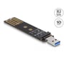 Delock M.2 SSD konverter med USB 3.2 Gen 2 stik, angivet med ikoner for M.2 NVMe, SATA og op til 10 Gbps hastighed.