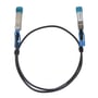 Deltaco 25G SFP28 DAC-kabel, 1 meter, med SFP28-stik i hver ende, vist med kabel samlet i en løkke på hvid baggrund.