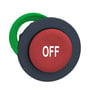 Schneider Electric Harmony XB5/ZB5 rød flush trykknap med "OFF" markering og mørkegrå ramme, set forfra med grøn monteringsring.