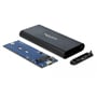 Delock M.2 NVMe kabinet i sort metalhus, adskilt for at vise printplade, USB-C port og monteringsskruer.