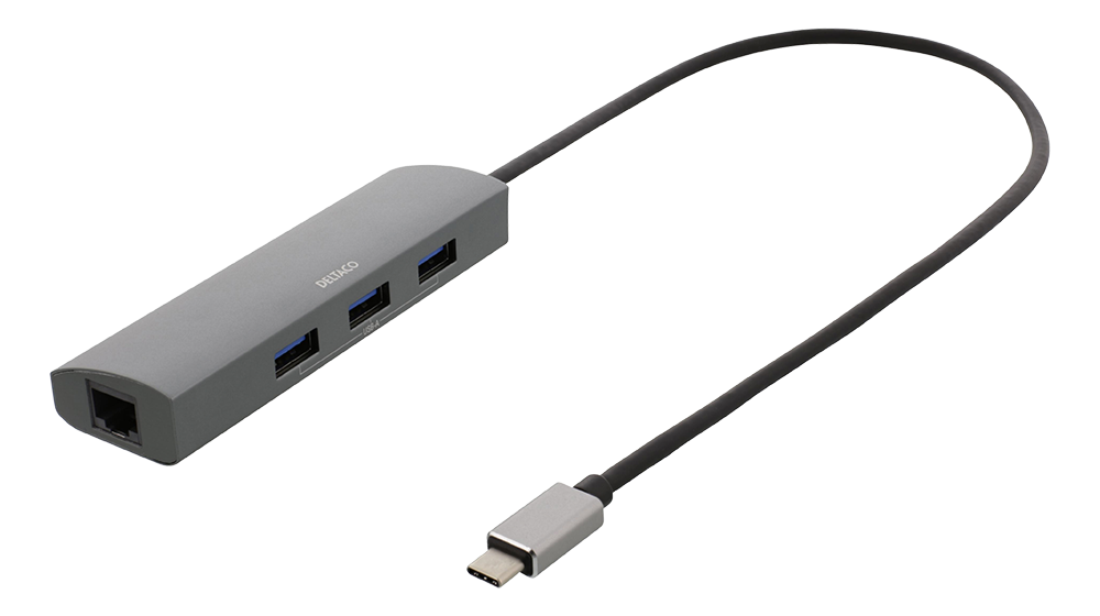 DELTACO Hub Adapter, USB-C ha, RJ45 ho, 3xUSB-A 3.0, ‒