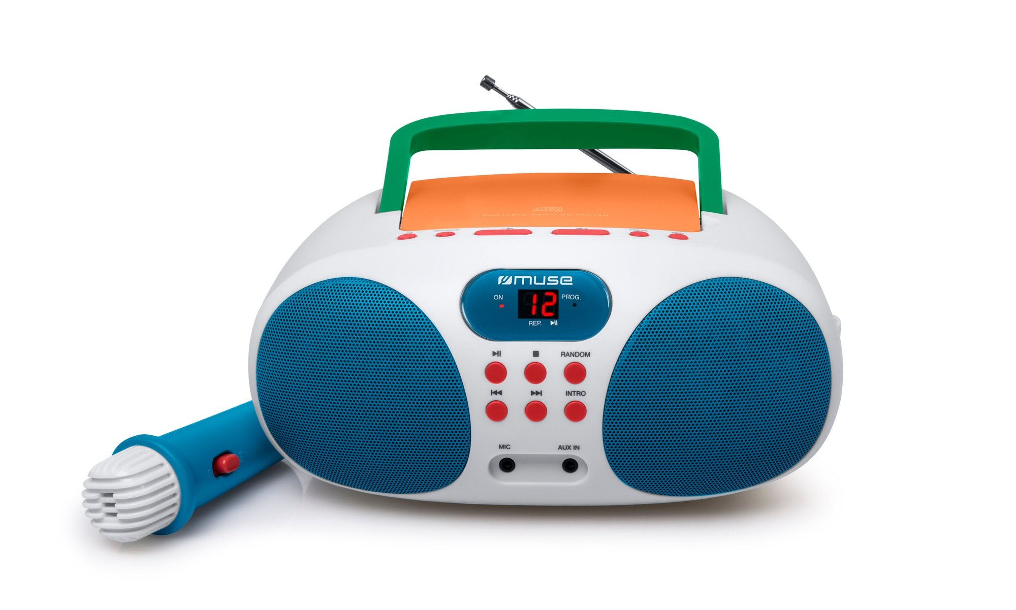 Solrig domæne familie Muse MD-203 har et børnevenligt design og er en bærbar karaoke-radio med CD- afspiller (blå). ‒ WATTOO.DK